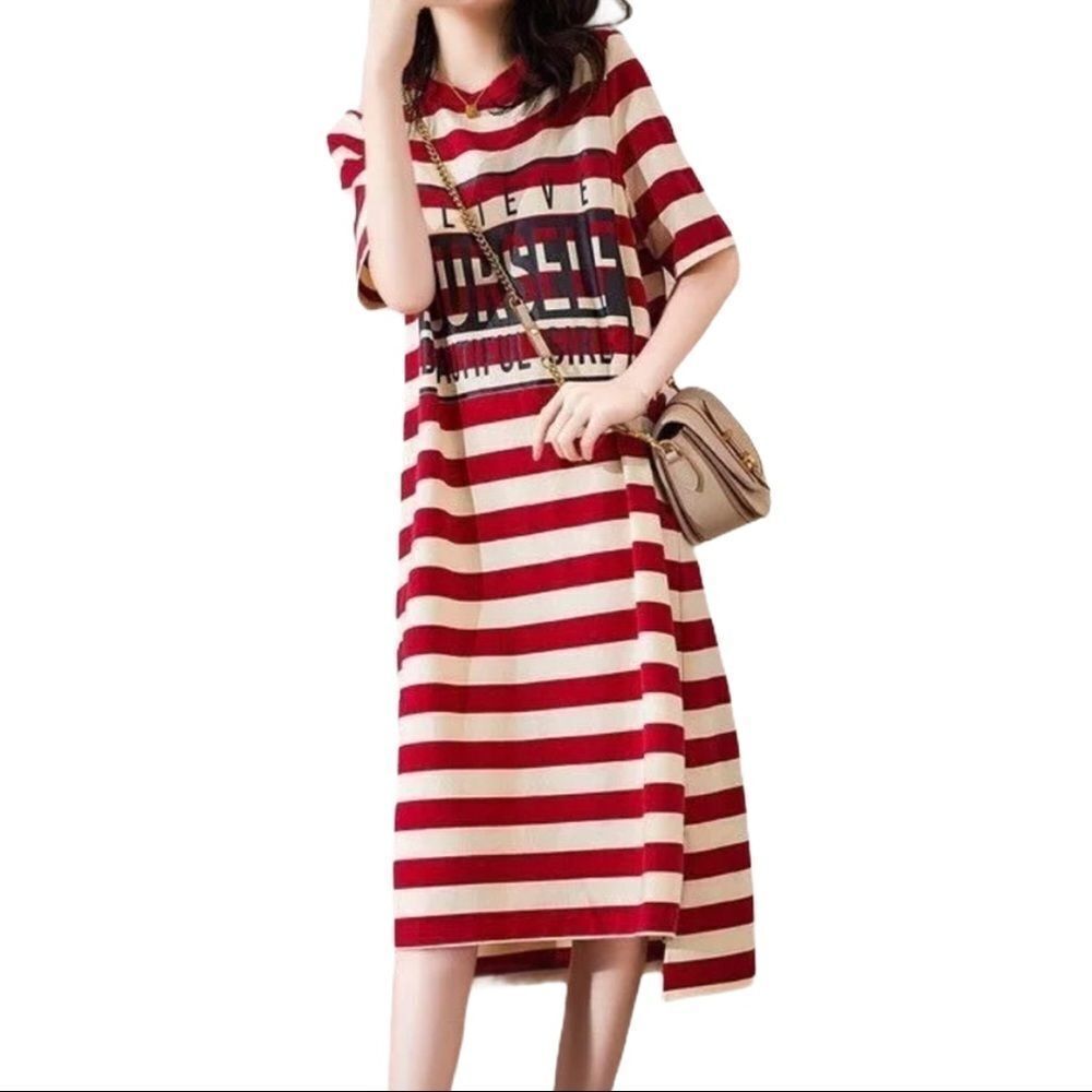 Nautical Short Sleeve Stripe Red White Graphic Beach Coverup Midi Dress NEW